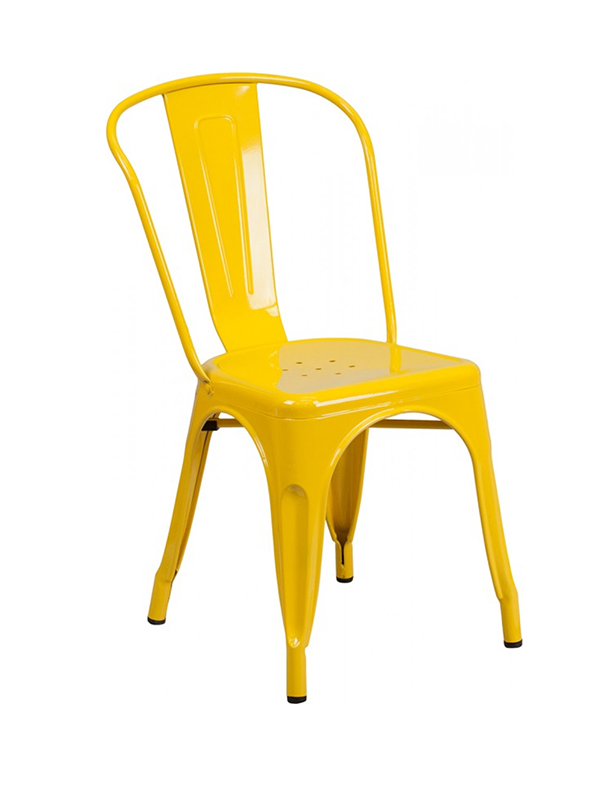 Sprinteriors - Yellow Metal Cafe Chair with Vertical Slat Back and Drain Hole Seat