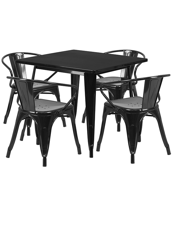 Sprinteriors - Square Black Metal Dining Height Table with 4 Arm Chairs