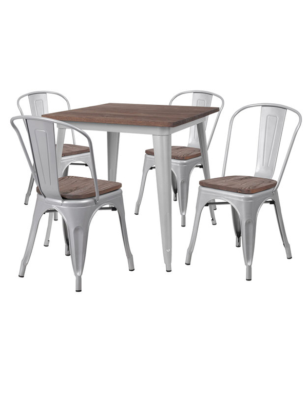 Sprinteriors - Square Rustic Galvanized Steel and Wood Table with 4 Stacking Chairs