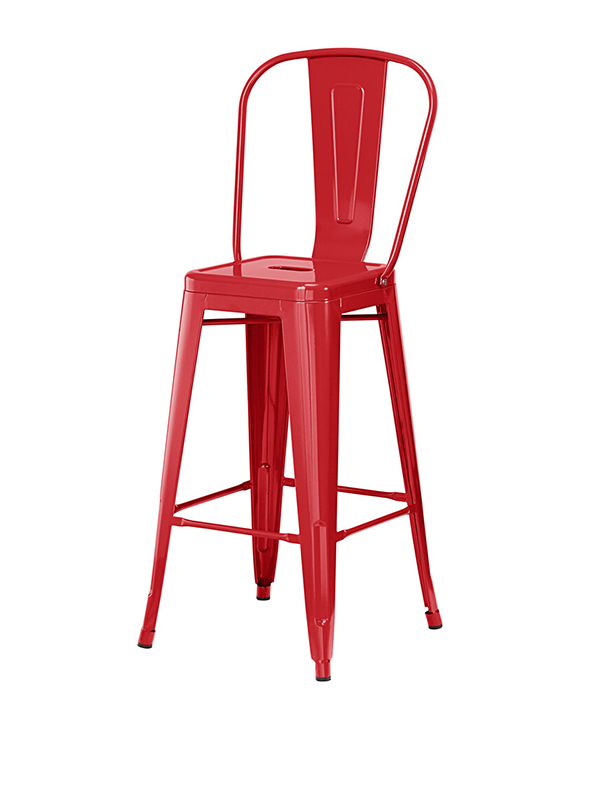 Sprinteriors - Red Metal Barstool with Vertical Slat Back and Drain Hole Seat
