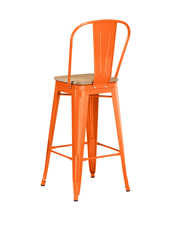 Sprinteriors - Orange Metal Cafe Bar Height Stool with Vertical Back and Wood Seat