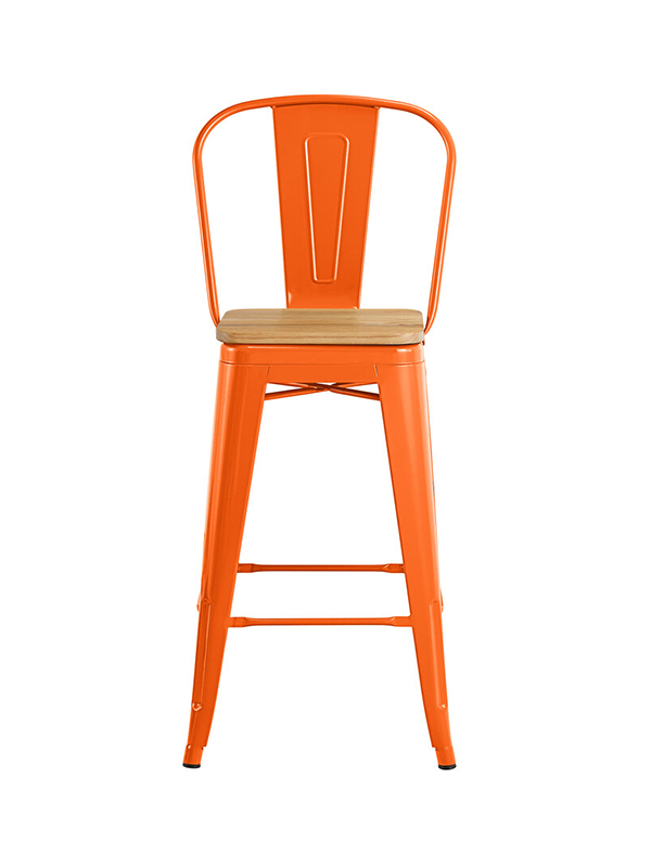 Sprinteriors - Orange Metal Cafe Bar Height Stool with Vertical Back and Wood Seat