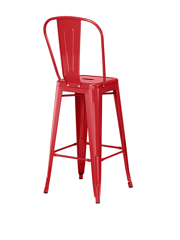 Sprinteriors - Red Metal Barstool with Vertical Slat Back and Drain Hole Seat